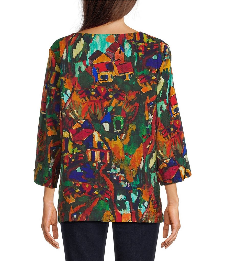 Woven Abstract Multi Print Round Neck 3/4 Sleeve Pullover Top thumbnail 2