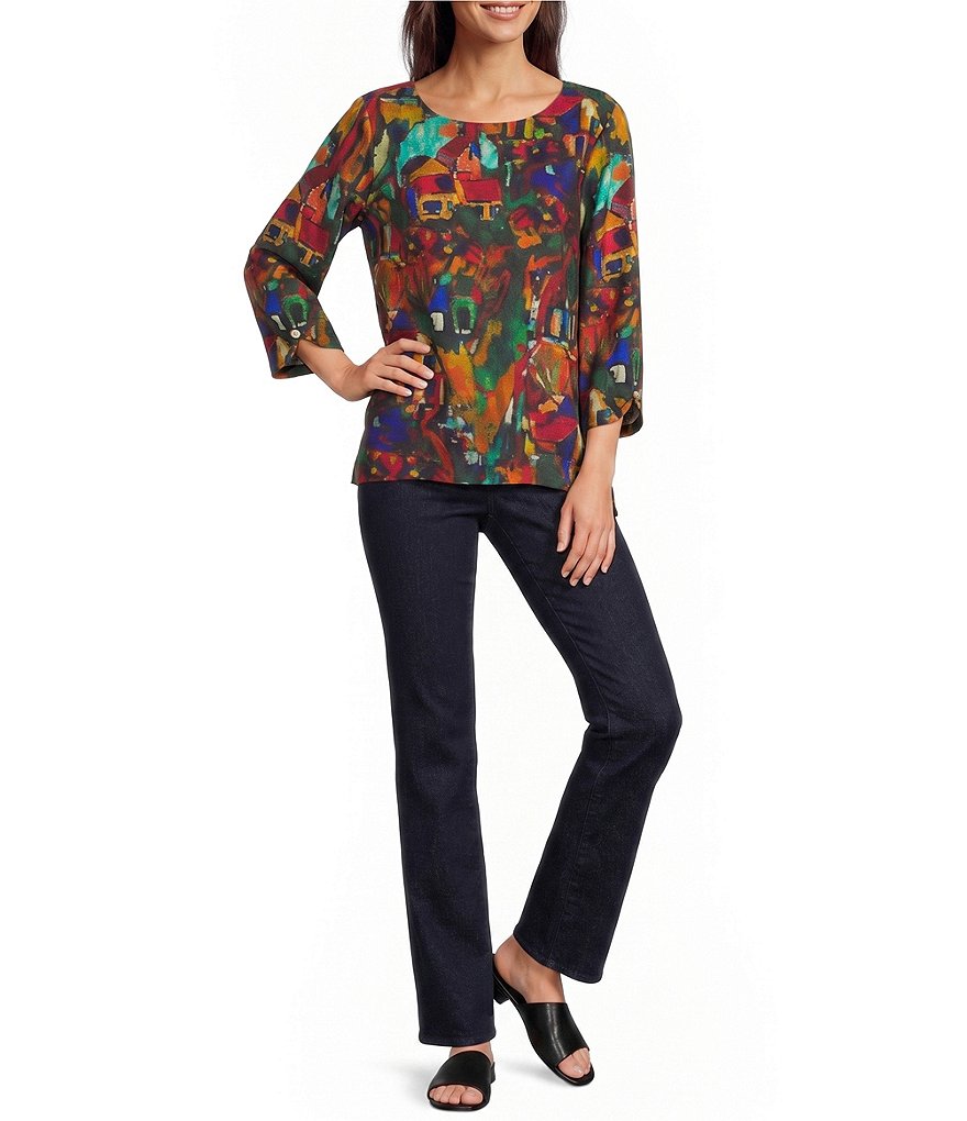 Woven Abstract Multi Print Round Neck 3/4 Sleeve Pullover Top thumbnail 3