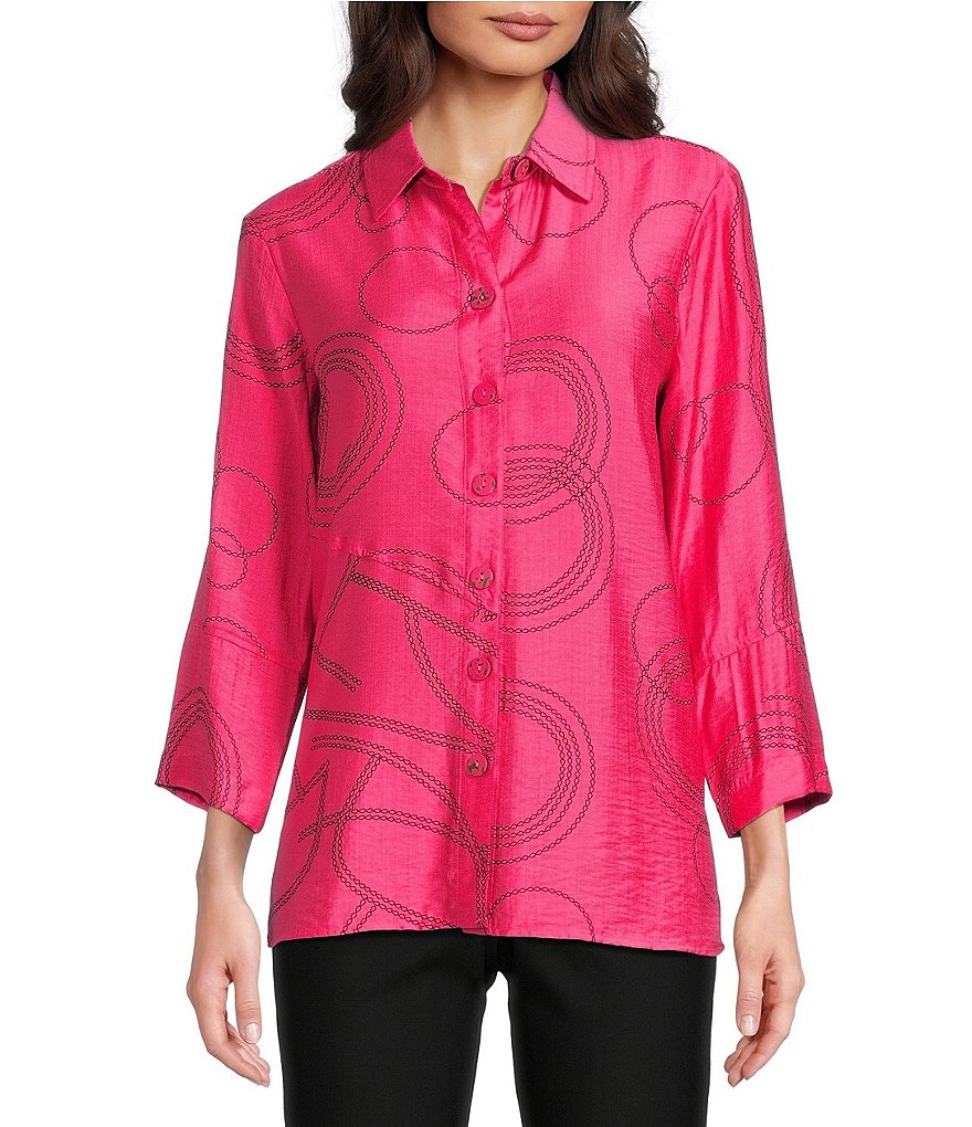 Ali Miles Woven Geometric Print Point Collar 3/4 Sleeve