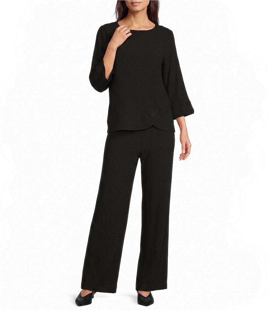 Woven Round Neck 3/4 Sleeve Button Detail Hem Top thumbnail 3