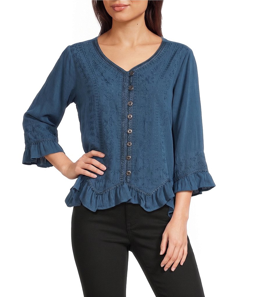 Woven V-Neck 3/4 Sleeve Button Front Shirt