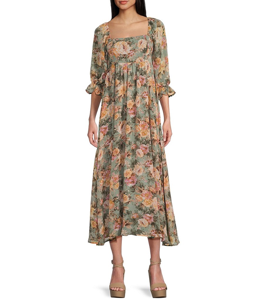 Allison & Kelly Floral Print 3/4 Sleeve Empire Waist Midi Dress | Dillard's