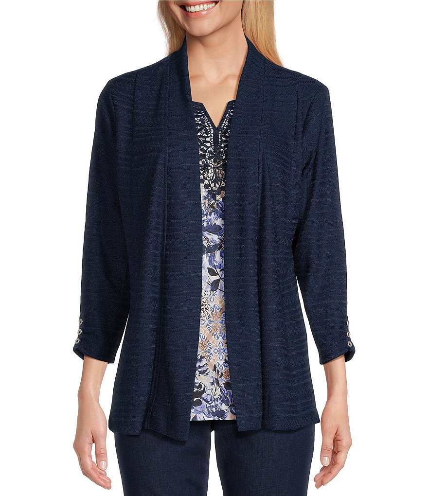 Allison Daley 3/4 Ruched Sleeve Open Front Pointelle Knit Cardigan