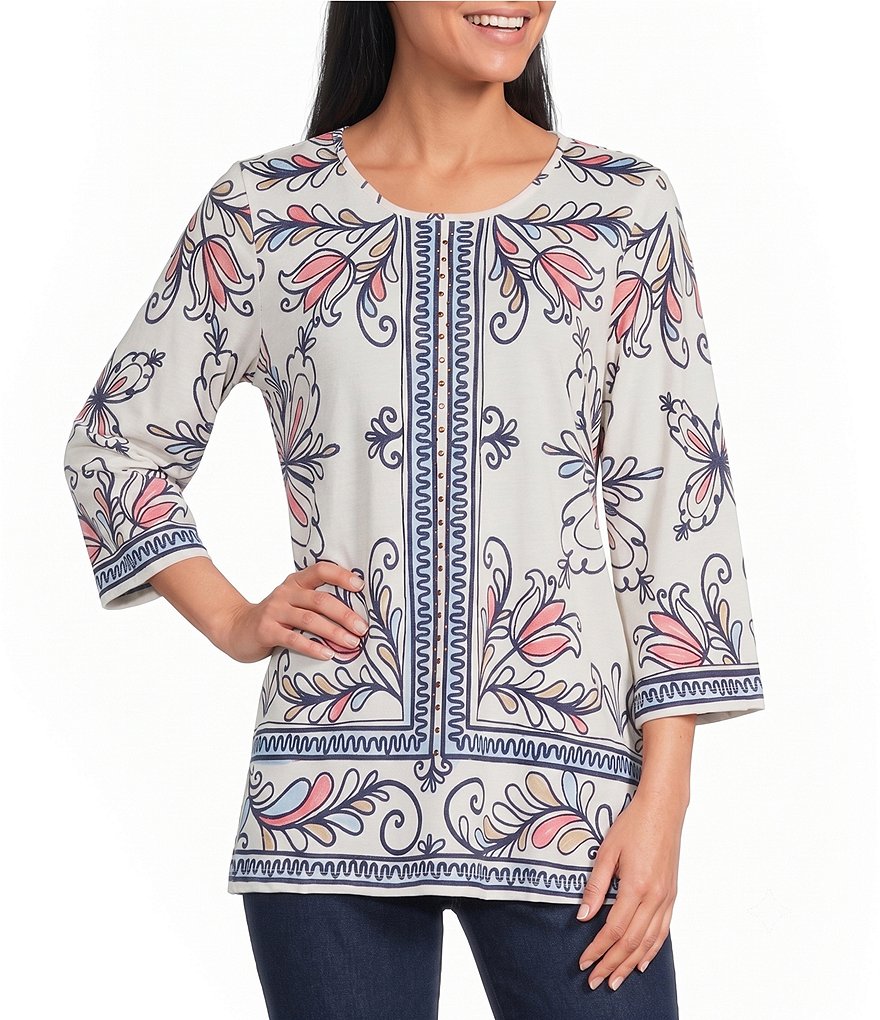 Multi Floral Muse Print 3/4 Bell Sleeve Crew Neck Top