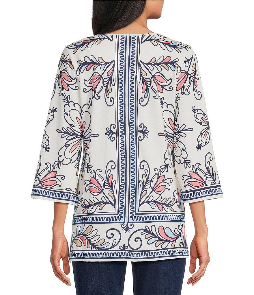 Multi Floral Muse Print 3/4 Bell Sleeve Crew Neck Top thumbnail 2