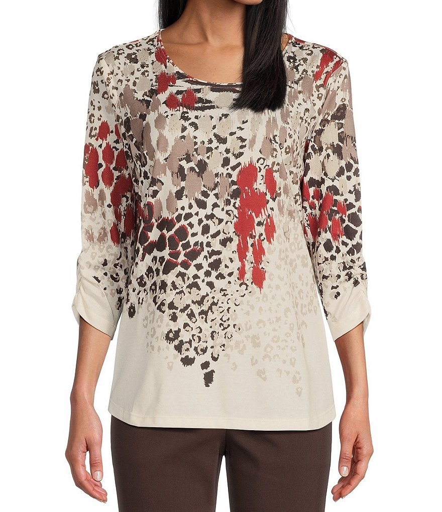 Allison Daley Petite Size Embellished Animal Print 3/4 Ruched Sleeve ...