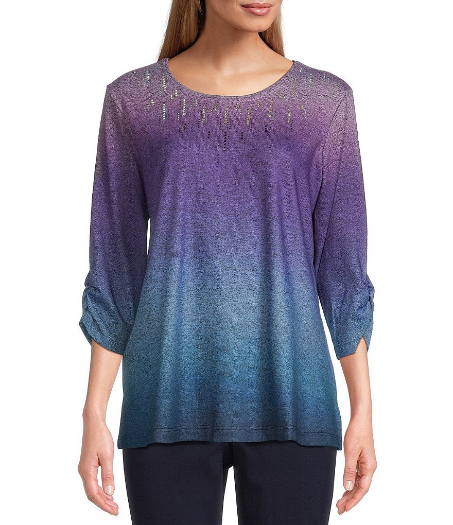 Allison Daley Petite Size Embellished Ombre 3/4 Ruched Sleeve Crew Neck ...