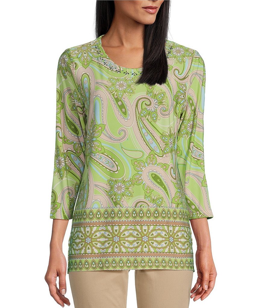 Allison Daley Petite Size Embellished Paisley Border Print 3/4 Sleeve ...