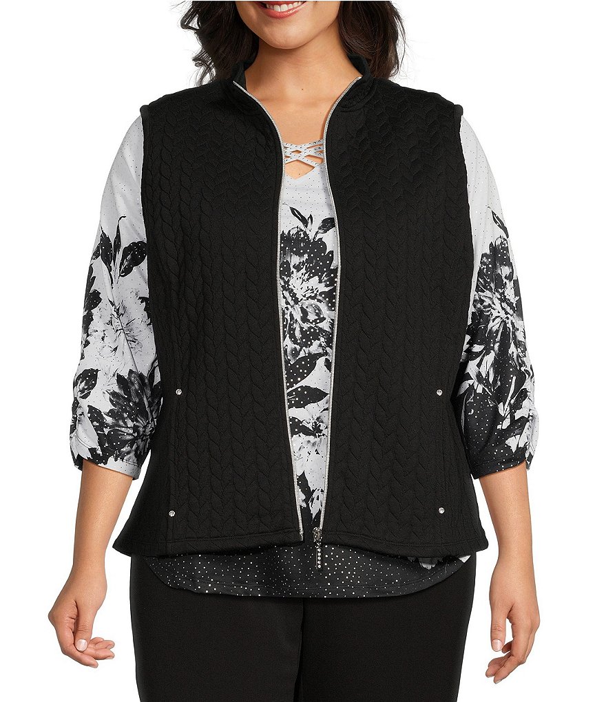 Allison Daley Plus Size Cable Knit Quilted Stand Collar Zip Front Vest ...