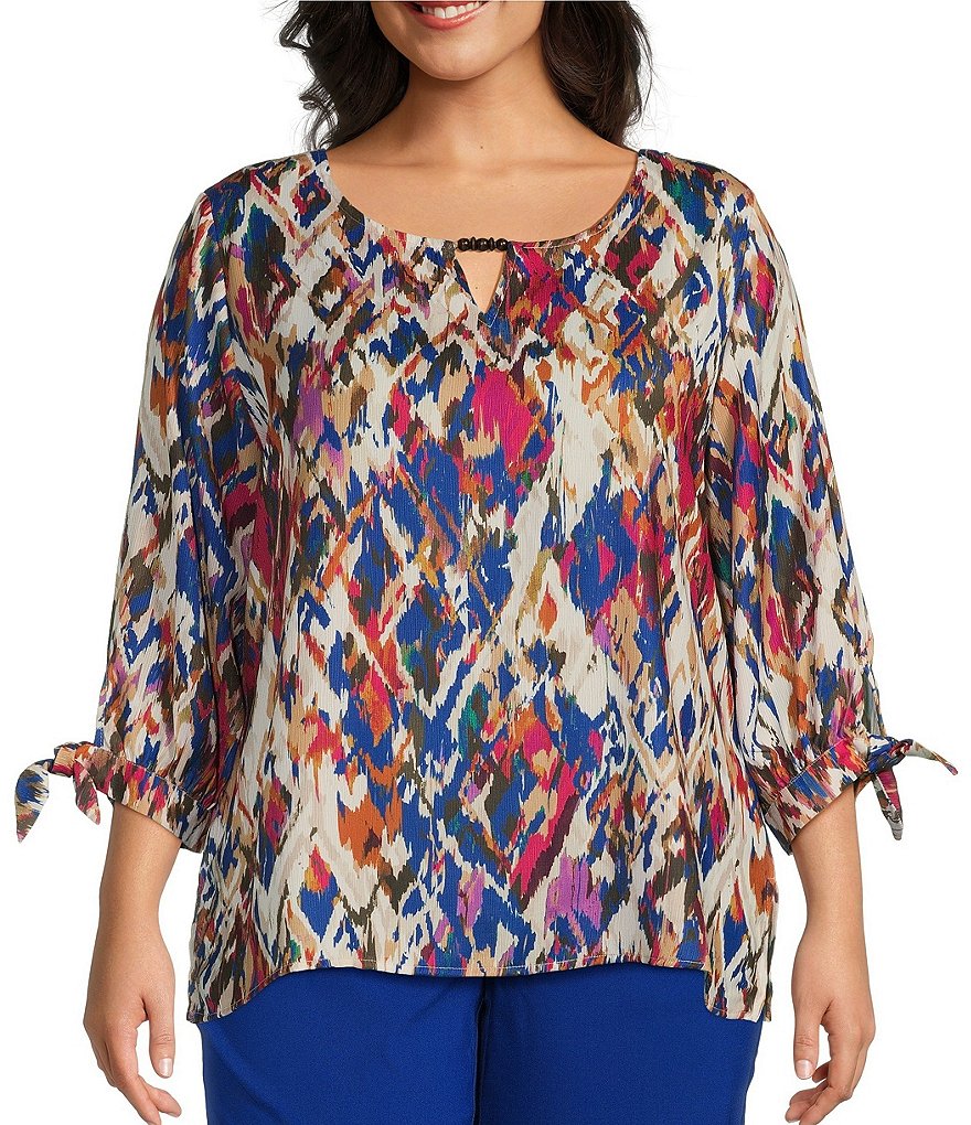 Allison Daley Plus Size Diamond Ikat Print 3/4 Tie Sleeve Keyhole Neck ...