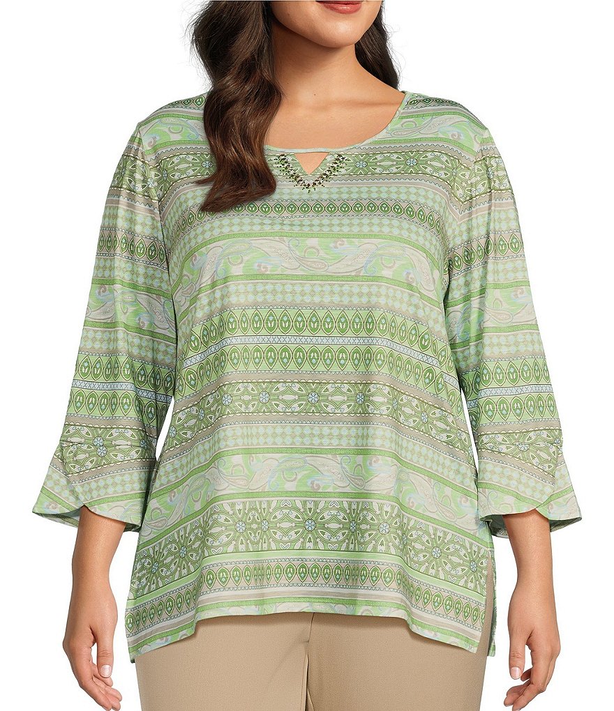 Allison Daley Plus Size Embellished Paisley Stripe 34 Flare Sleeve Keyhole Neck Knit Top 2531