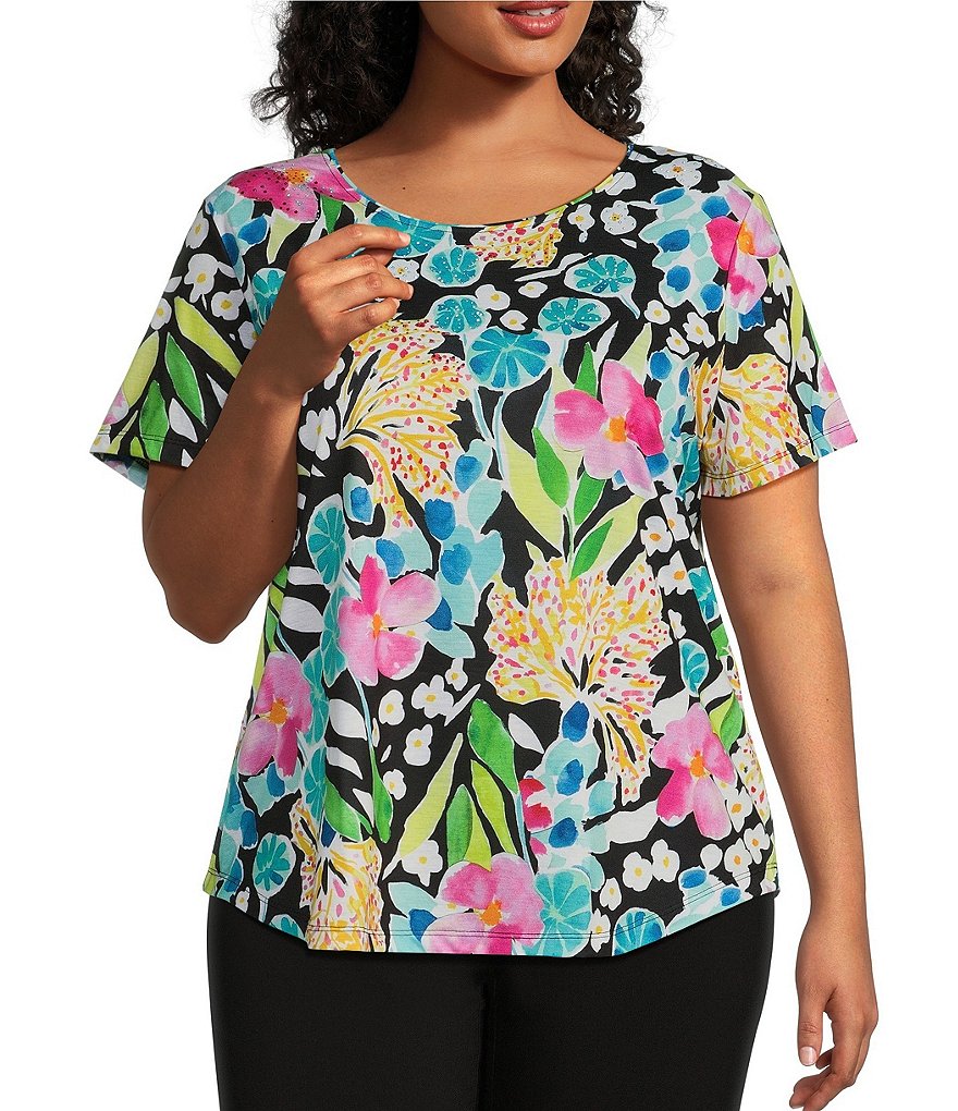 Allison Daley Plus Size Floral Print Short Sleeve Crew Neck Art Tee ...