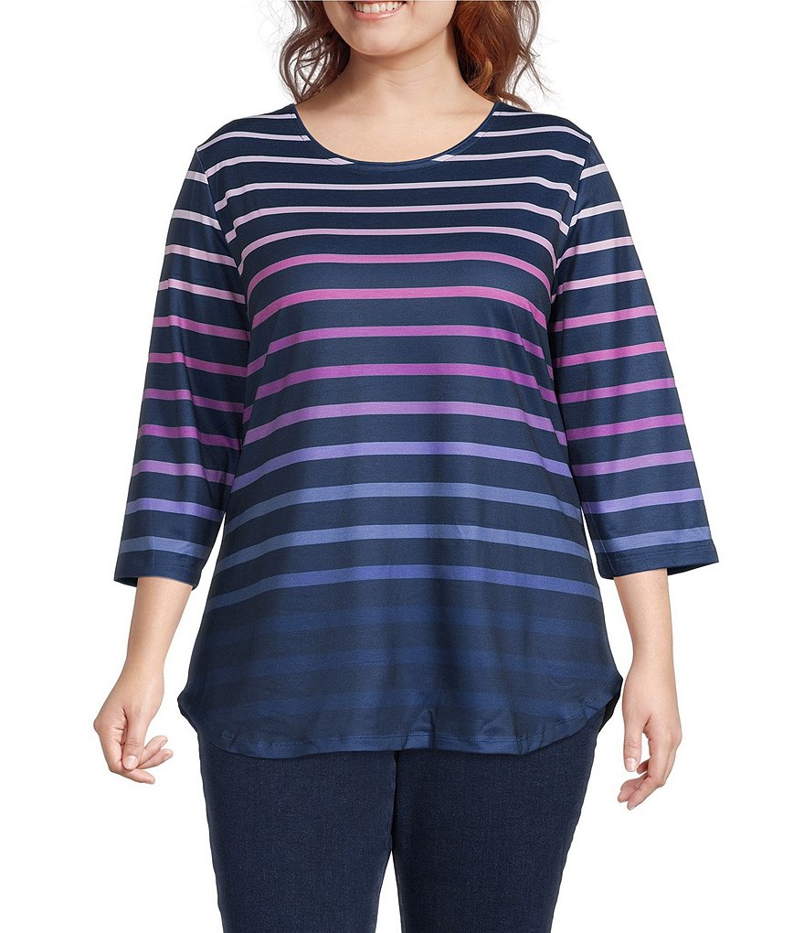 Allison Daley Plus Size Ombre Striped Print 3/4 Sleeve Round Neck Knit ...