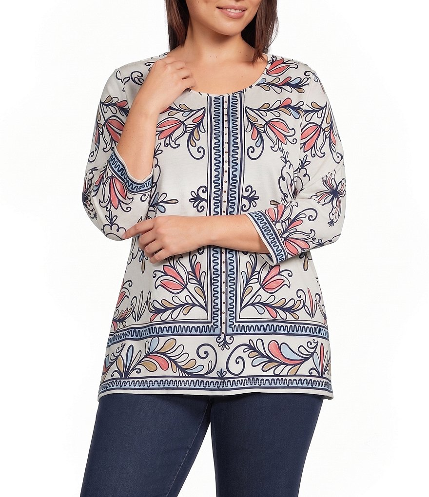 Plus Sze Multi Floral Muse Print 3/4 Bell Sleeve Crew Neck Top