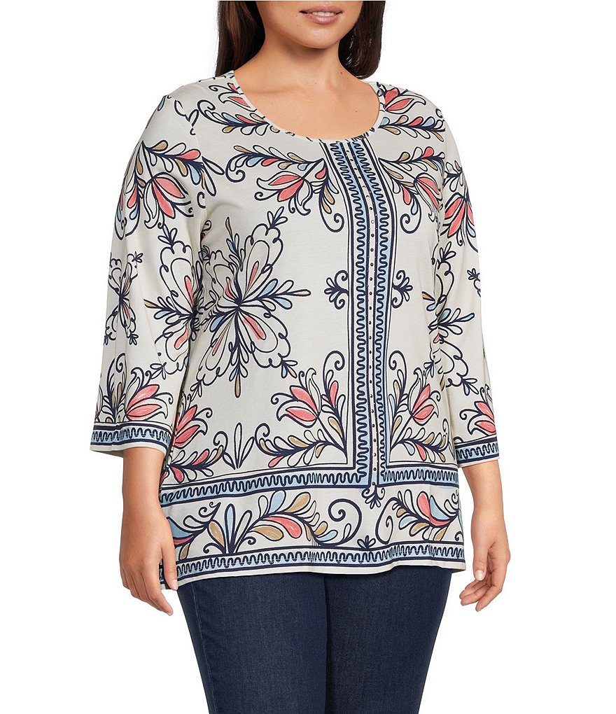 Plus Sze Multi Floral Muse Print 3/4 Bell Sleeve Crew Neck Top thumbnail 3