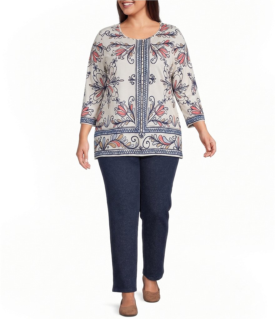 Plus Sze Multi Floral Muse Print 3/4 Bell Sleeve Crew Neck Top thumbnail 4