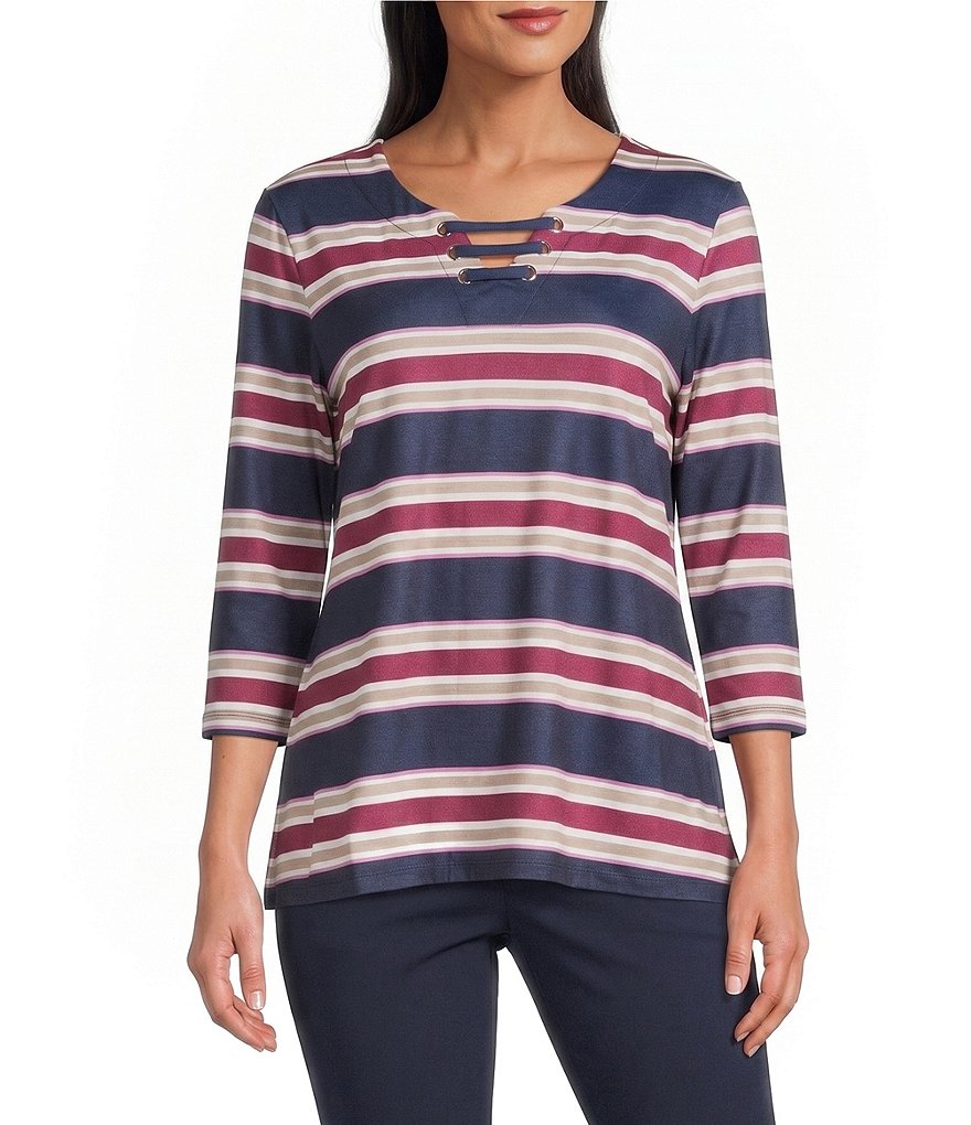 Stripe 3/4 Sleeve Split-V Neck Knit Top