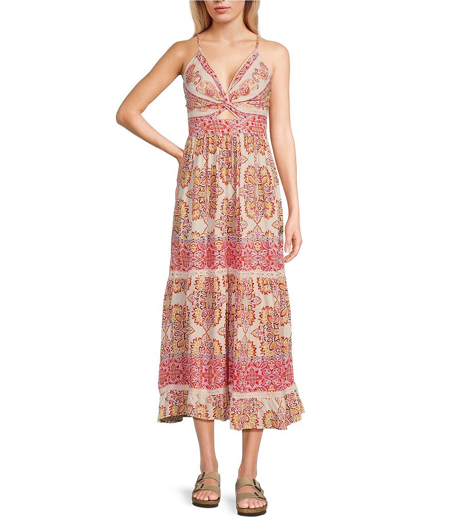 Angie Floral Border Print V-Neck Open Knot Front Maxi Dress | Dillard's