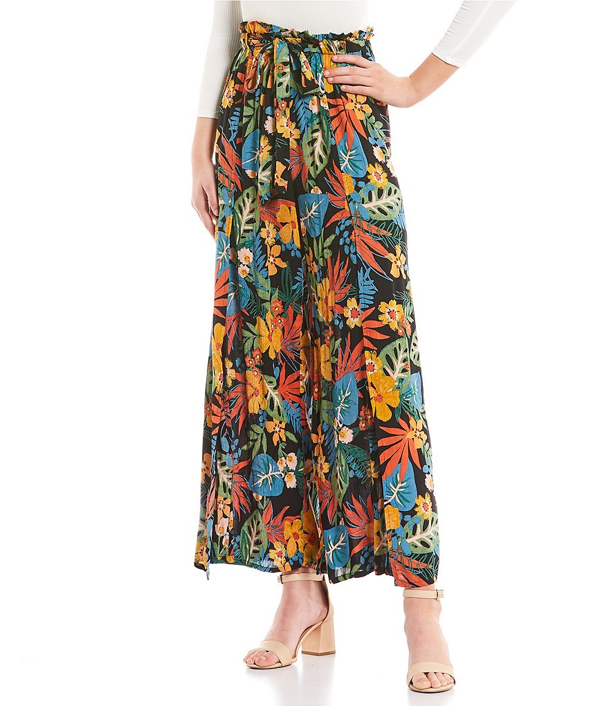 Angie Cinnamon color floral pants,100% Rayon Material, wide leg bottoms,  tie front, beach pants