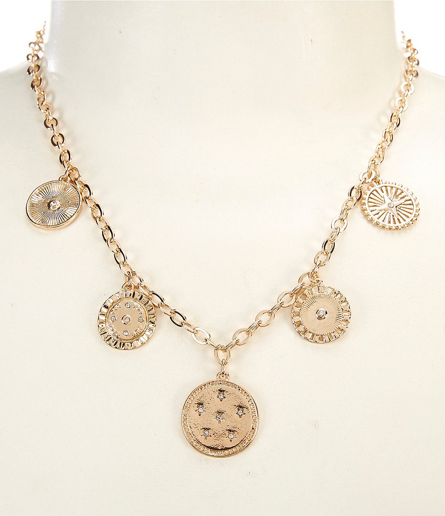 Anna & Ava Crystal Stone Star Multi Textured Disc Charm Drop Collar Necklace