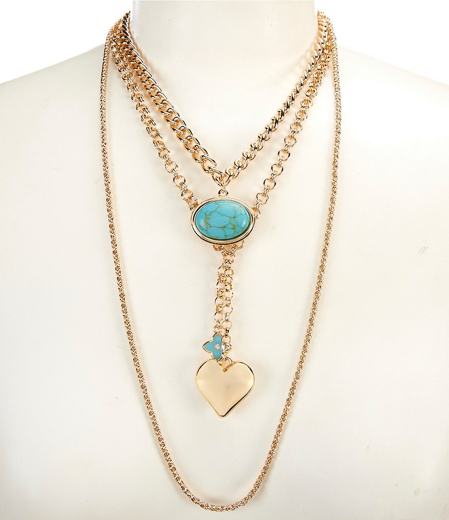 Anna & Ava Turquoise Oval Cab Heart Charm Drop Chain Short Multi Strand Necklace