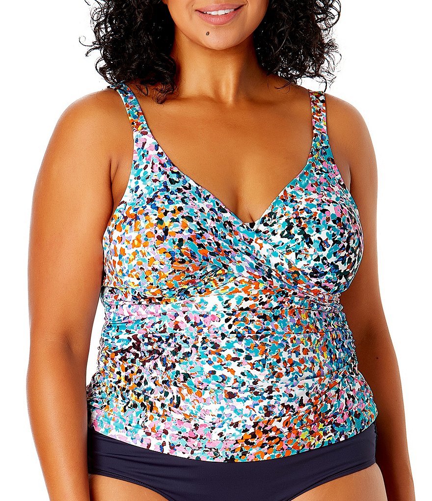 Anne Cole Plus Size Sunset Dot Printed V Neck Underwire Tankini Swim