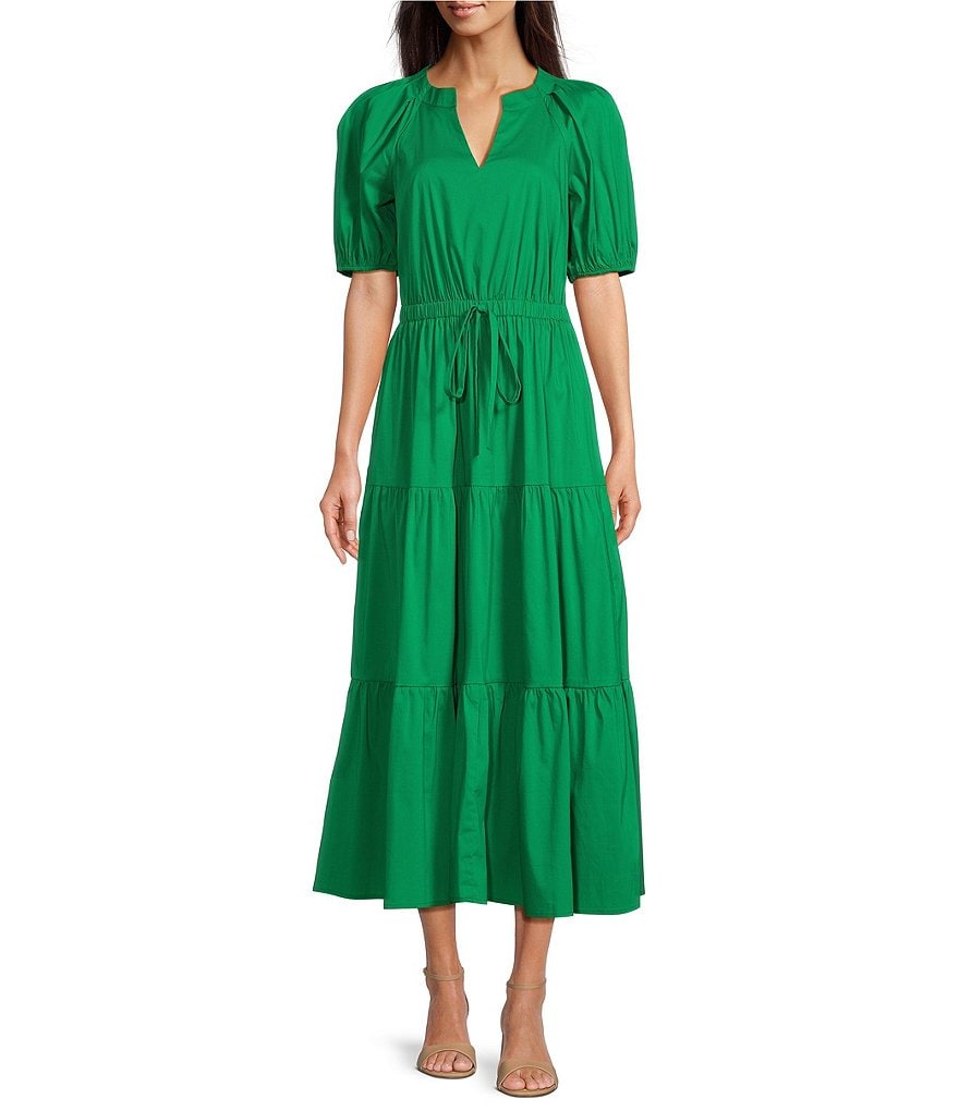 Anne Klein Poplin V-Neck Short Puff Sleeve Waist Tie Blouson