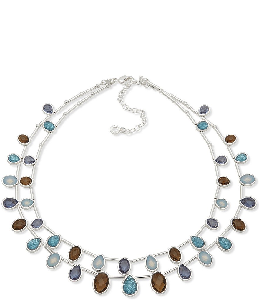 Silver Tone Nested Blue Stone Short Multi Strand Necklace