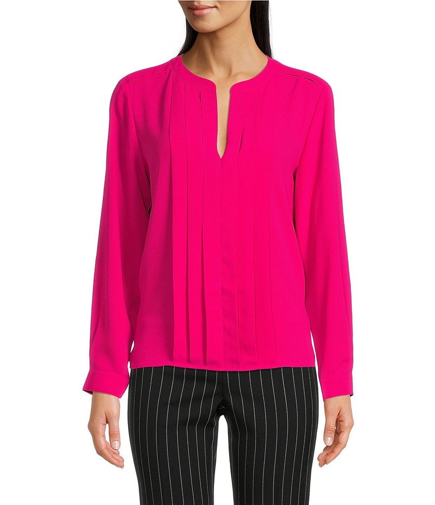 Anne Klein Split Round Neck Pleated Front Long Sleeve Blouse | Dillard's