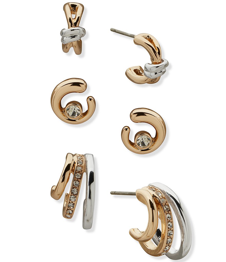 Two Tone Crystal Swirl Criss Cross Trio Earring Set