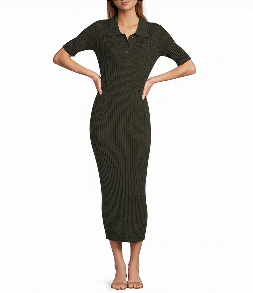 green emerald velvet dress Green Ribbed Knit Long Sleeves Dress Large main image 0