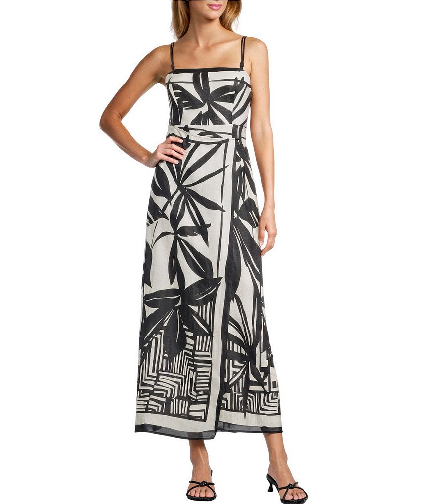 Antonio Melani Destiny Palm Printed Linen Square Neck Sleeveless Maxi Dress  | Dillard's