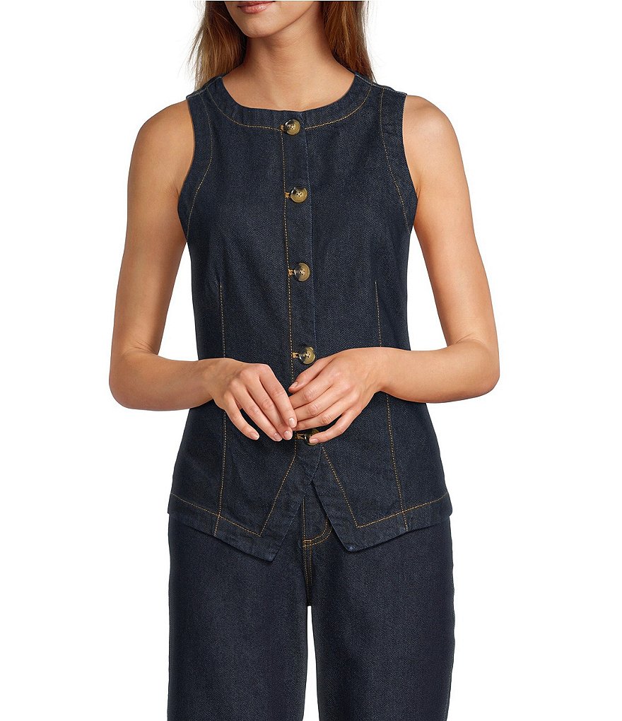 Antonio Melani Katie Denim Round Neck Sleeveless Button Front Vest