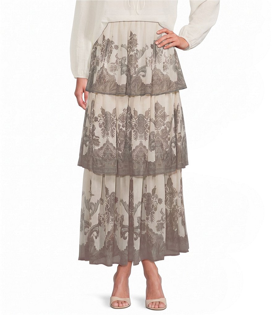Lilith Paisley Print Voile High Rise Tiered Ruffle A-Line Maxi Coordinating Skirt