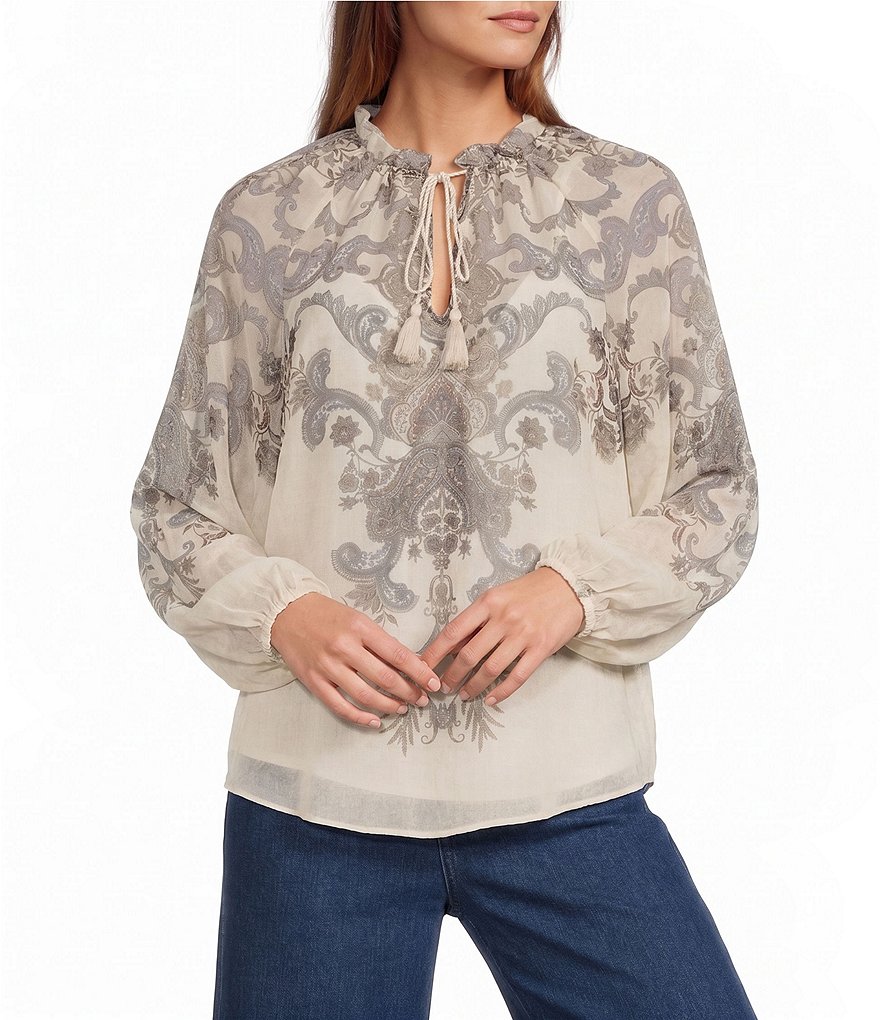 Lilith Paisley Print Voile Split V-Neck Tie Front Long Sleeve Coordinating Blouse