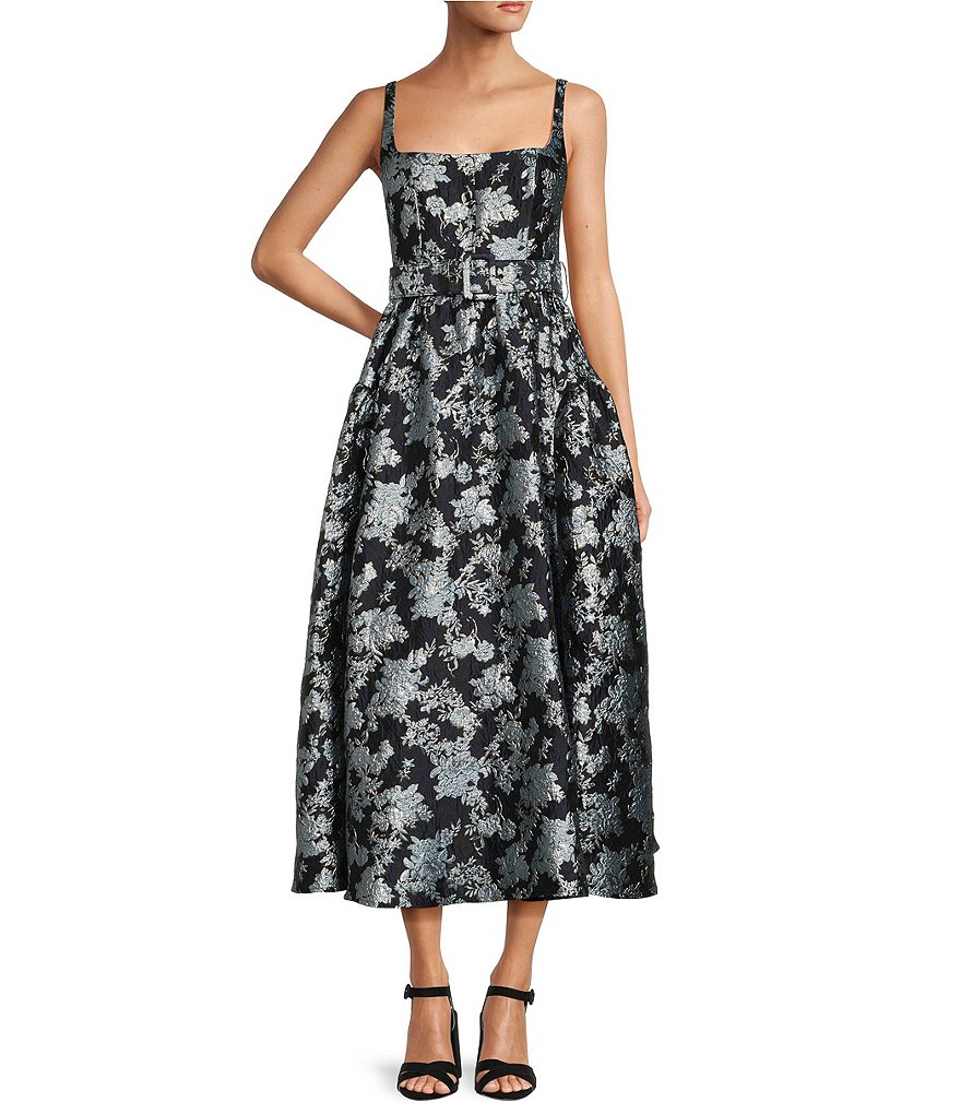 Antonio Melani Morgan Sleeveless Square Neck Jacquard A-Line Midi Dress