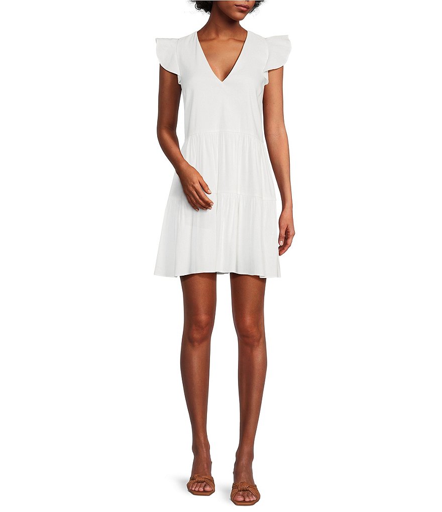 Antonio Melani Opal Stretch Linen V-Neck Flutter Sleeve Dress | Dillard's