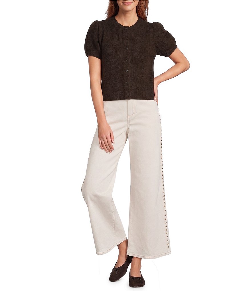 Stella Short Puff Sleeve Crew Neckline Button Front Cashmere Cardigan thumbnail 7