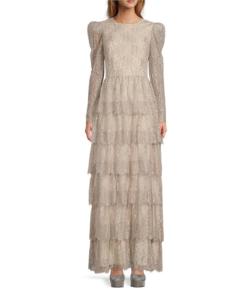 Antonio Melani x Born on Fifth Clara Metallic Lace Long Sleeve Tiered ...