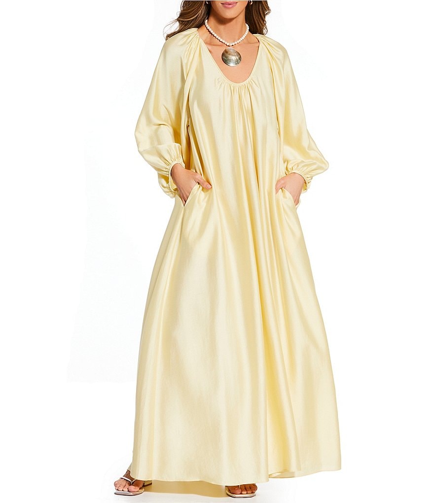 x Stephanie Covington Ashley Voile Ruched Scoop Neck Long Blouson Sleeve Caftan Maxi Dress