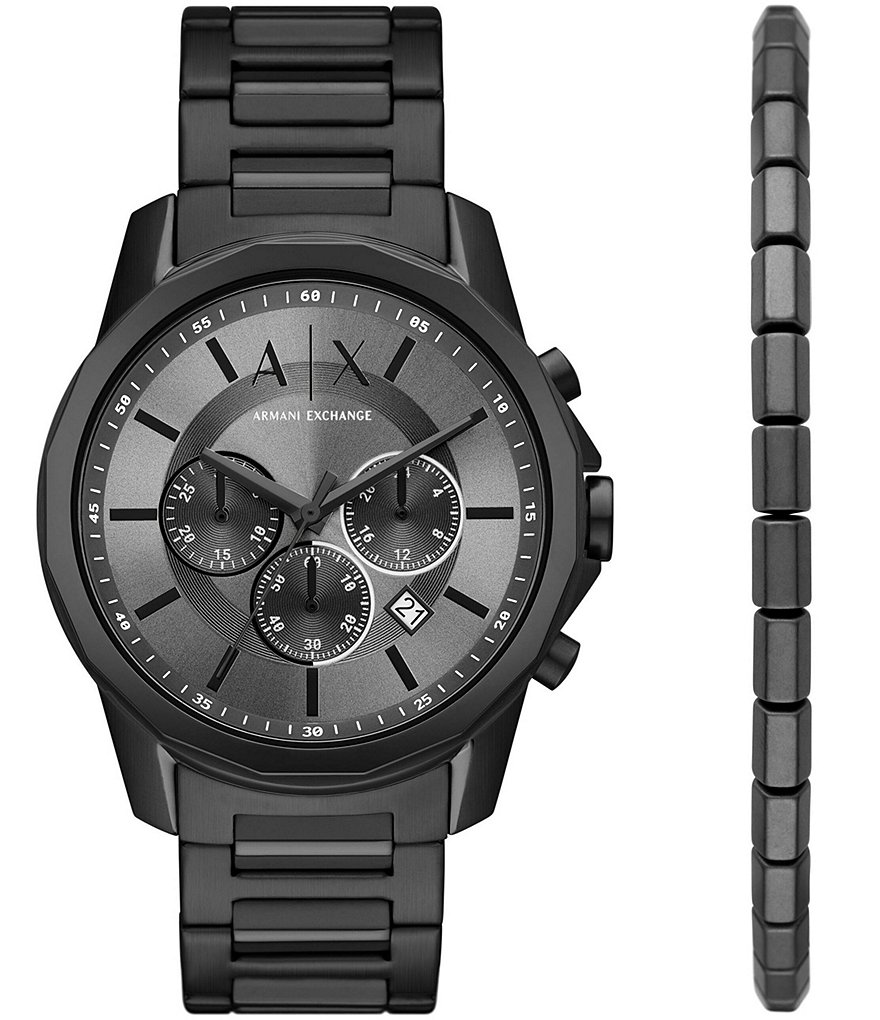 Armani Exchange Men's Chronograph Black Stainless Steel Bracelet Watch and  Bracelet Gift Set