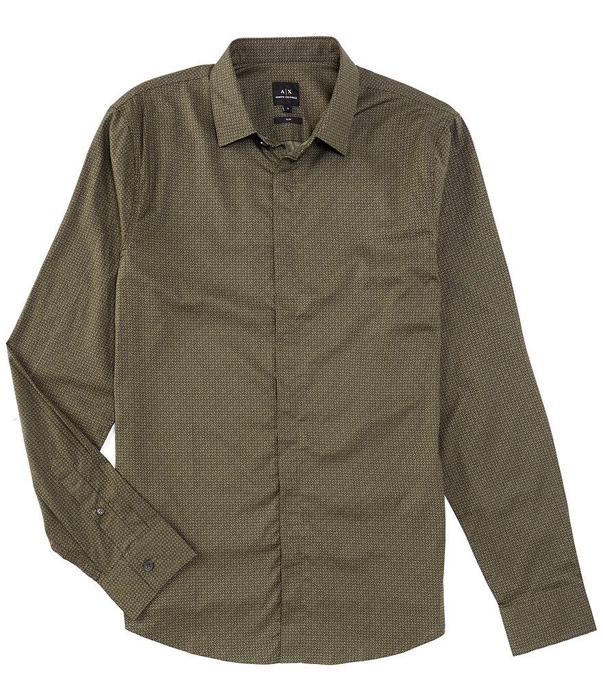 Armani Exchange Slim Fit Diagonal Grid Print Long Sleeve