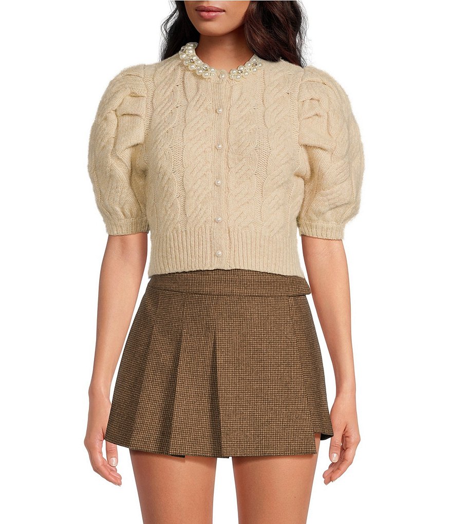 ASTR the Label Aitana Cable Knit Crew Neck Short Puff Sleeve Wool