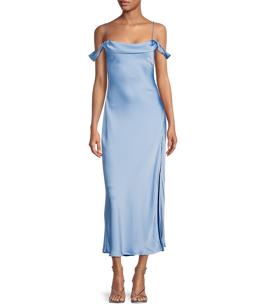 Light Blue Long Dress - Side Slit Satin Dress - Cowl Neck Maxi