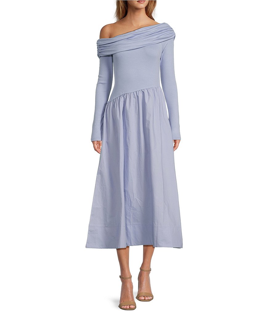 ASTR The Label Off-The-Shoulder Long Sleeve Mixed Media Midi ASTR The Label Off-The-Shoulder Long Sleeve Mixed Media Midi