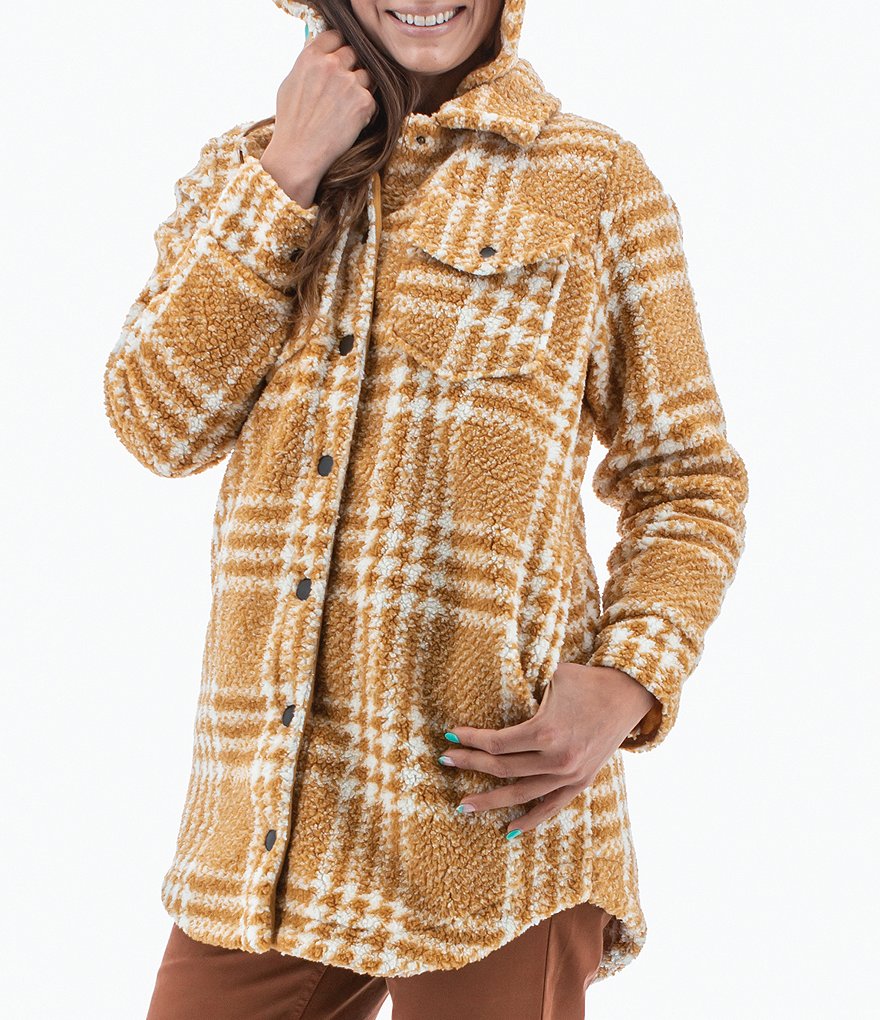 Plaid hooded fluffy lined snap button jacket hot sale