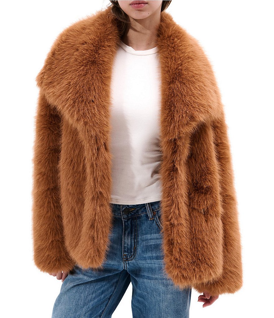 Azalea Wang Regina Tan Faux Fur Oversize Collar Snap Front Jacket