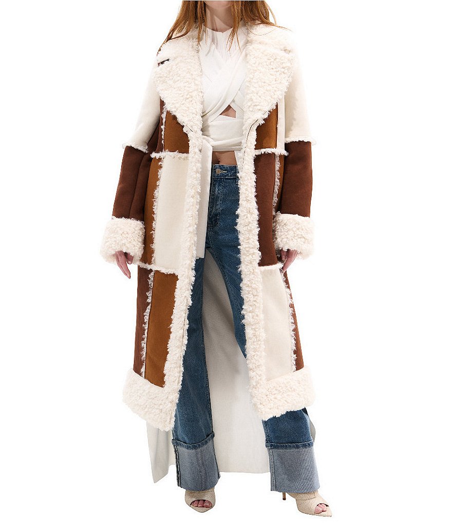 Azalea Wang Telluride Faux Fur Trim Notch Collar Hook Front Maxi