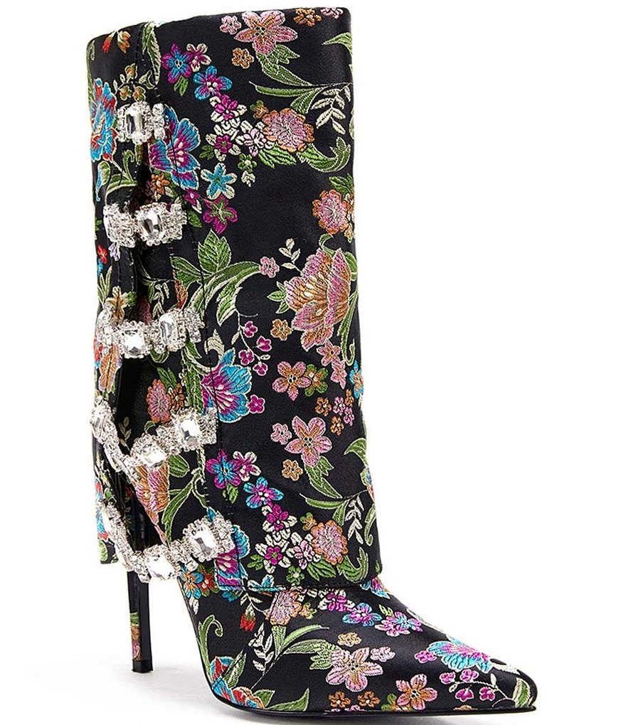 Azalea Wang Tilley Floral Brocade Rhinestone Foldover Boots | Dillard's