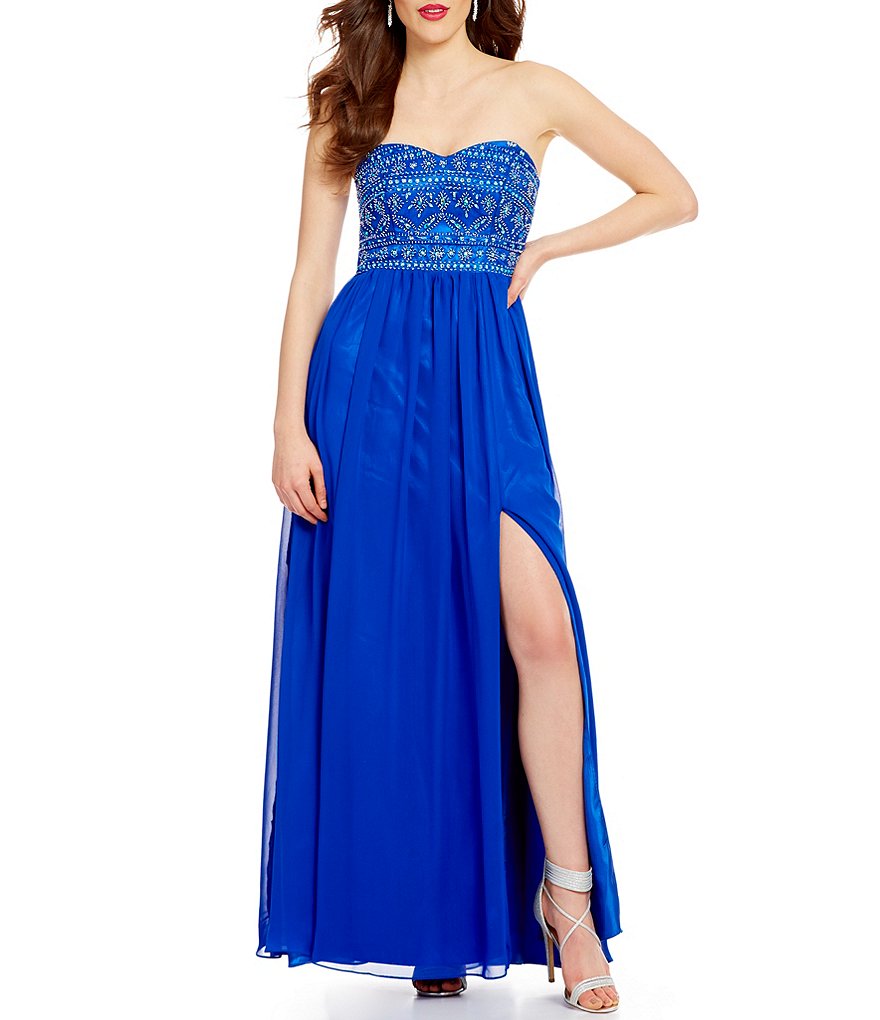 B. Darlin Strapless Beaded Sweetheart Bodice Long Dress | Dillards